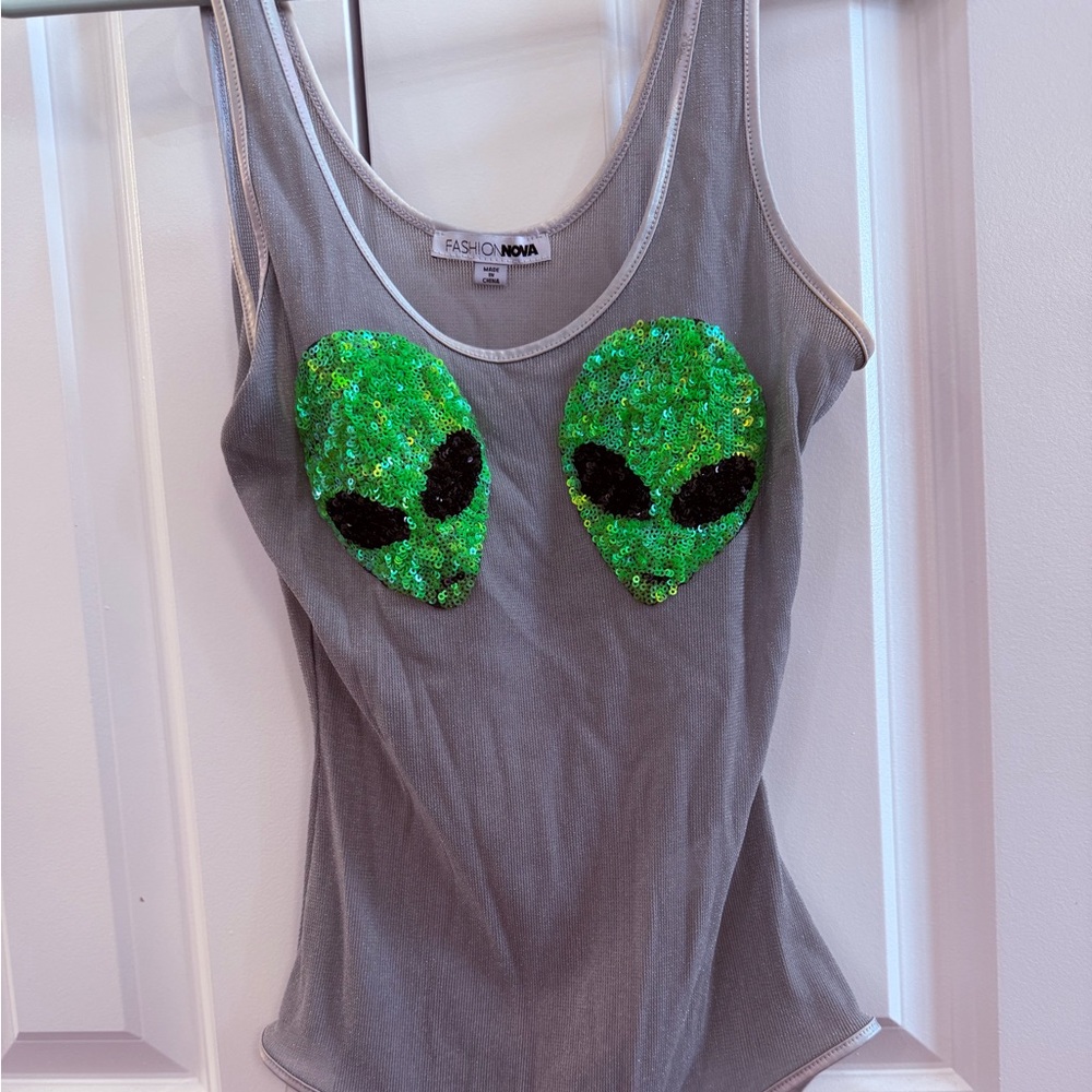 Fashion Nova Silver and Green Alien Bodysuit (S)